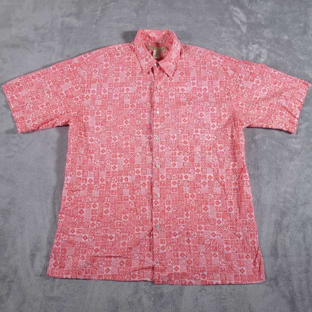 Tori Richard Shirt Mens Medium Red Cotton Lawn Short Sleeve Block Print Hawaii - Picture 2 of 8